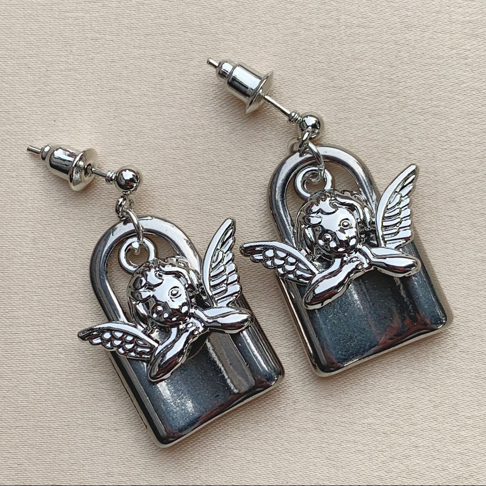 Silver Padlock Angel Studs